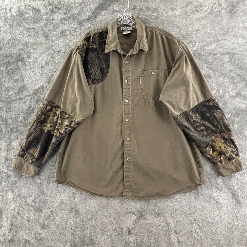 Columbia Camo Shooting Shirt Mens XL Camouflage Hunting Green Brown Long‎ Sleeve